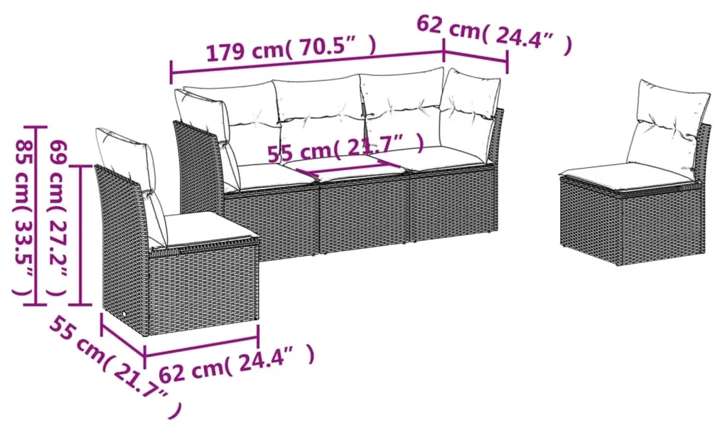 Set divano da giardino 5 pz con cuscini beige in polyrattan