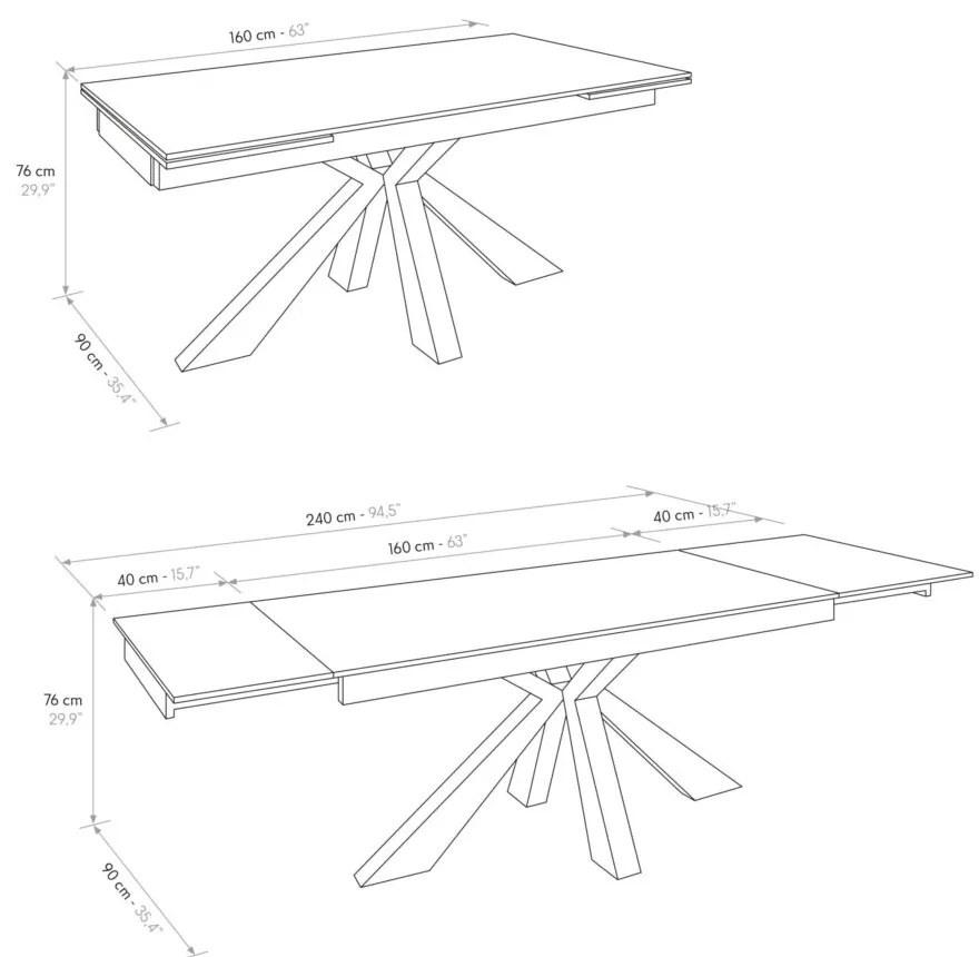 Tavolo BEVERLY HILLS in vetroceramica effetto marmo statuario e metallo verniciato antracite, allungabile 160×90 cm – 240×90 cm