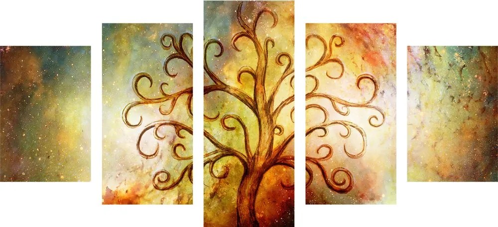 Quadri 5 pezzi – Albero della vita con astrazione cosmica