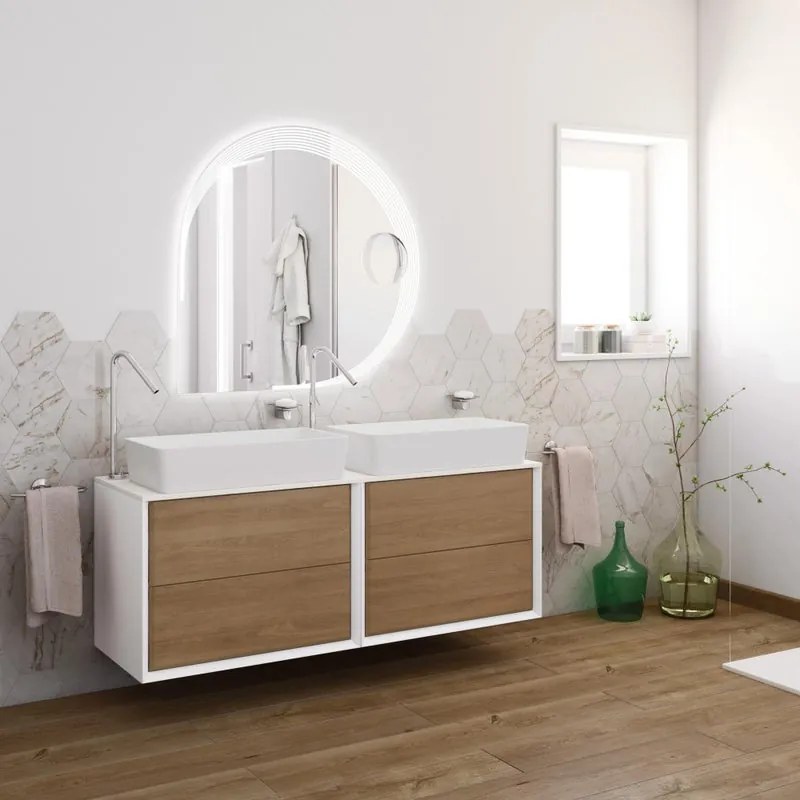 Mobile sottolavabo e lavabo Bellagio bianco/rovere tabacco L 141 x H 51 x P 46 cm 1 vasca 2 cassetti