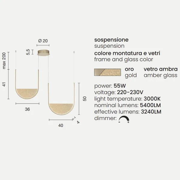 Lampada a sospensione LOTUS 2 Luci con inserto amovibile in vetro granigliato ORO