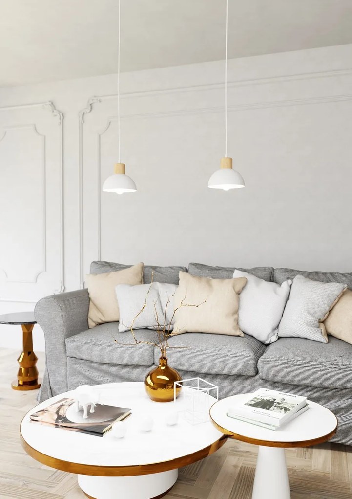 Lampada a sospensione in acciaio e legno SECO 1 E27 bianco