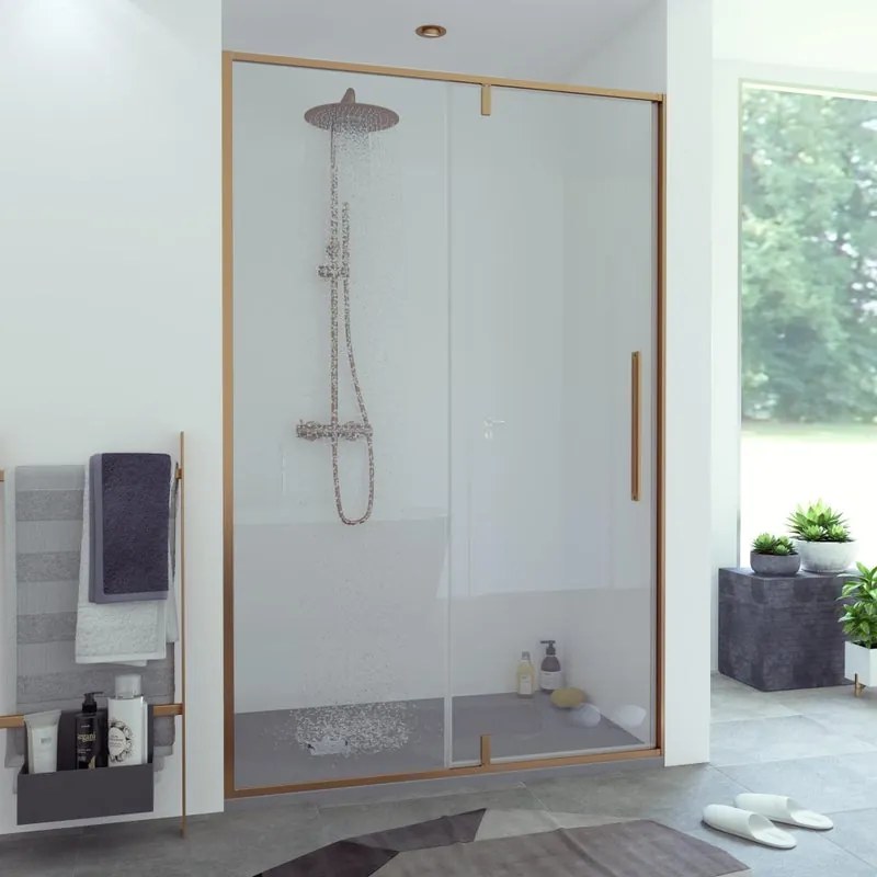 Porta doccia battente L 200-120 cm x H 200 cm per nicchia in vetro trasparente SP. 8 mm, profilo dorato, serie Fit