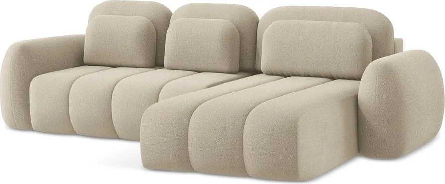 Divano angolare marrone chiaro allungabile/con contenitore (con penisola a destra/con chaise lounge) con rivestimento in bouclé Pele – Makamii