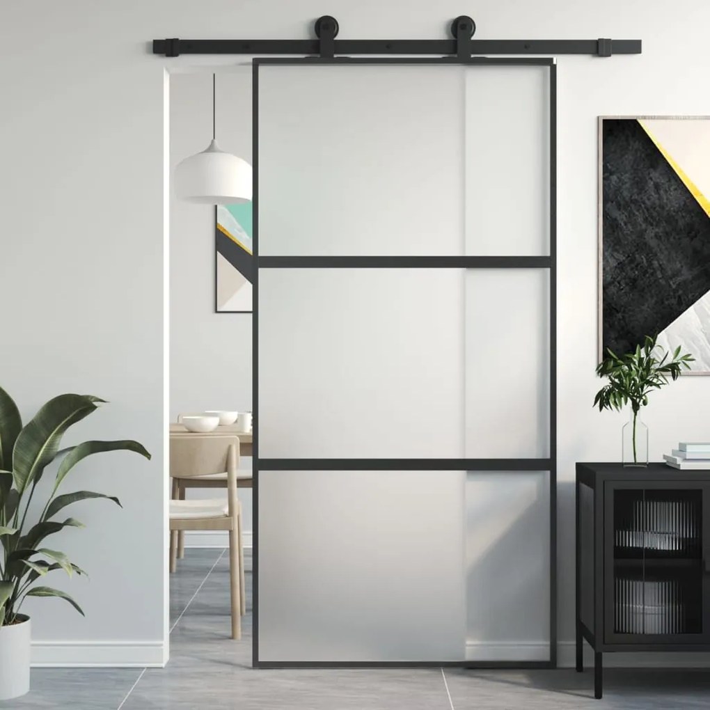 Porta Scorrevole Nera 102,5x205 Cm Vetro Temperato E Alluminio /