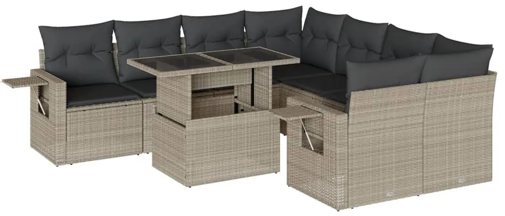 Set divano da giardino 9pz con cuscini grigio chiaro polyrattan