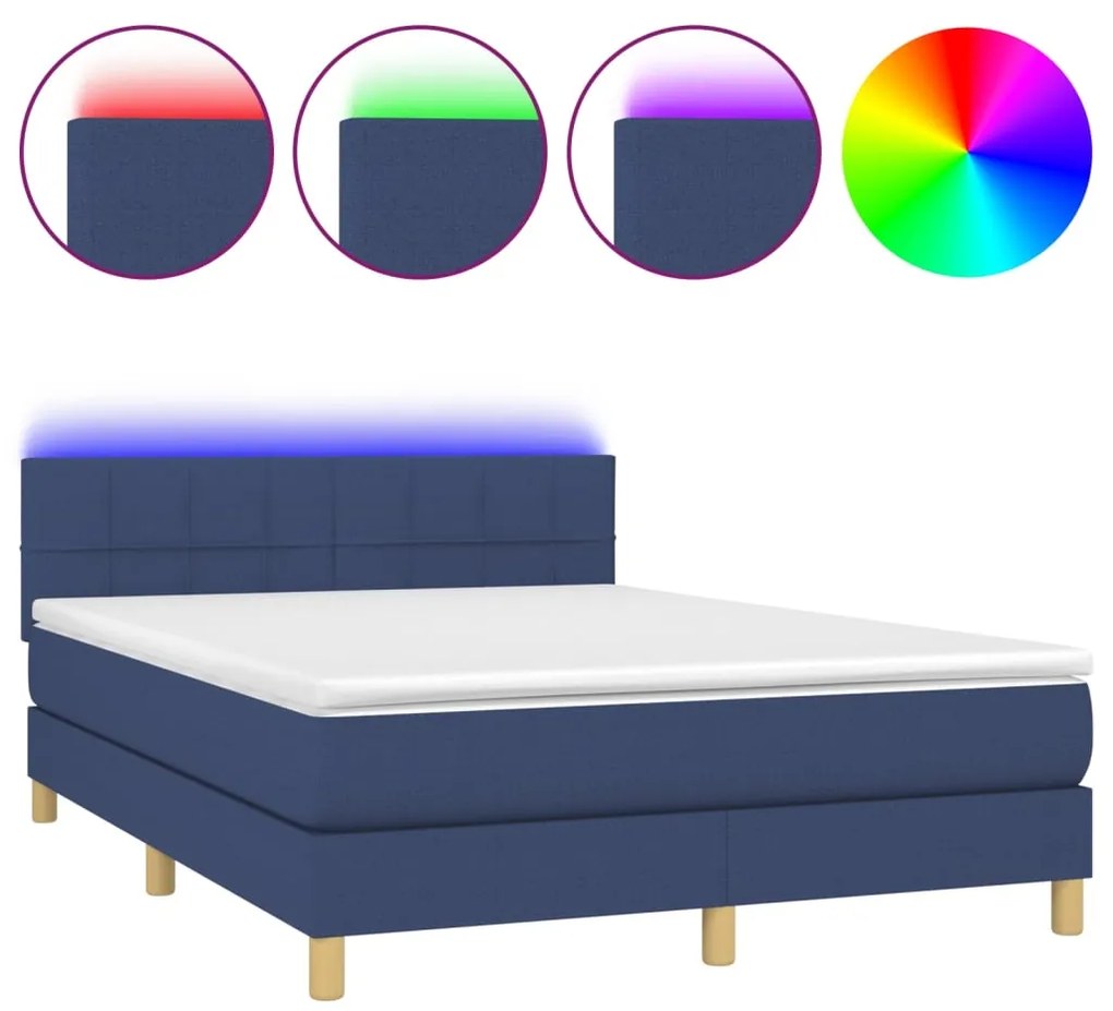 Letto a molle con materasso e led blu 140x190 cm in tessuto