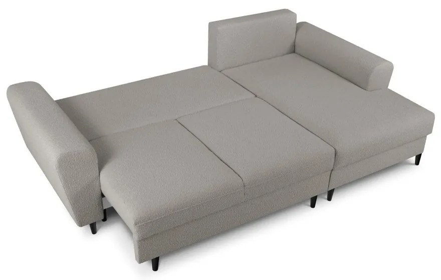 Divano angolare grigio chiaro allungabile e con contenitore (con penisola a destra/con chaise lounge) con rivestimento in bouclé Kyoto – Cosmopolitan Design