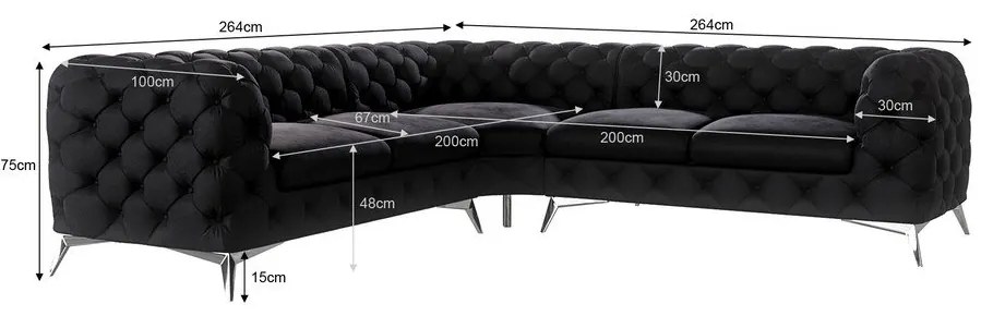 Divano angolare nero con rivestimento in velluto Chelsea – Ropez