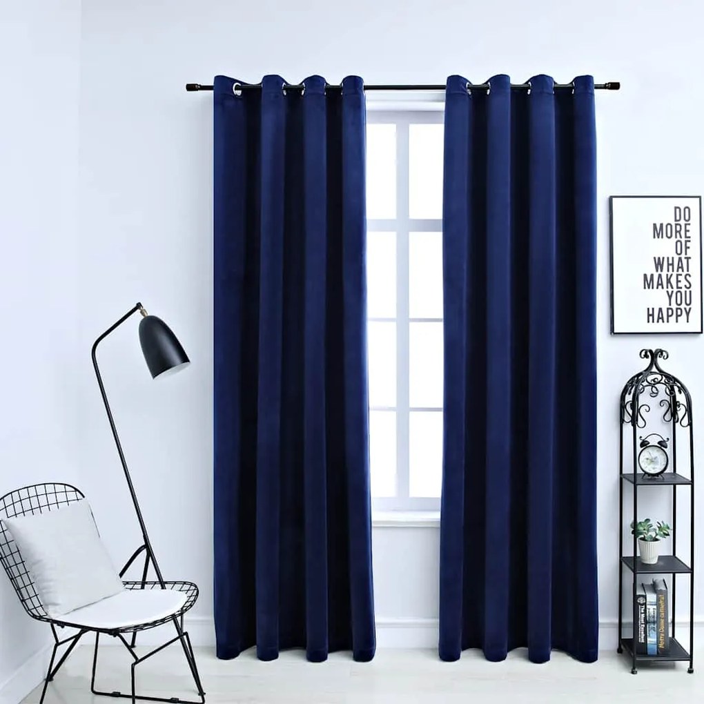 Tende Oscuranti Con Anelli 2 Pz Blu Scuro İn Velluto 140x225 Cm /