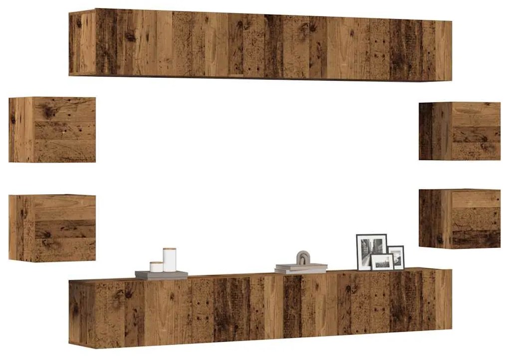Set Mobile Tv 8 Pz Montato A Parete Legno Antico İn Truciolato /