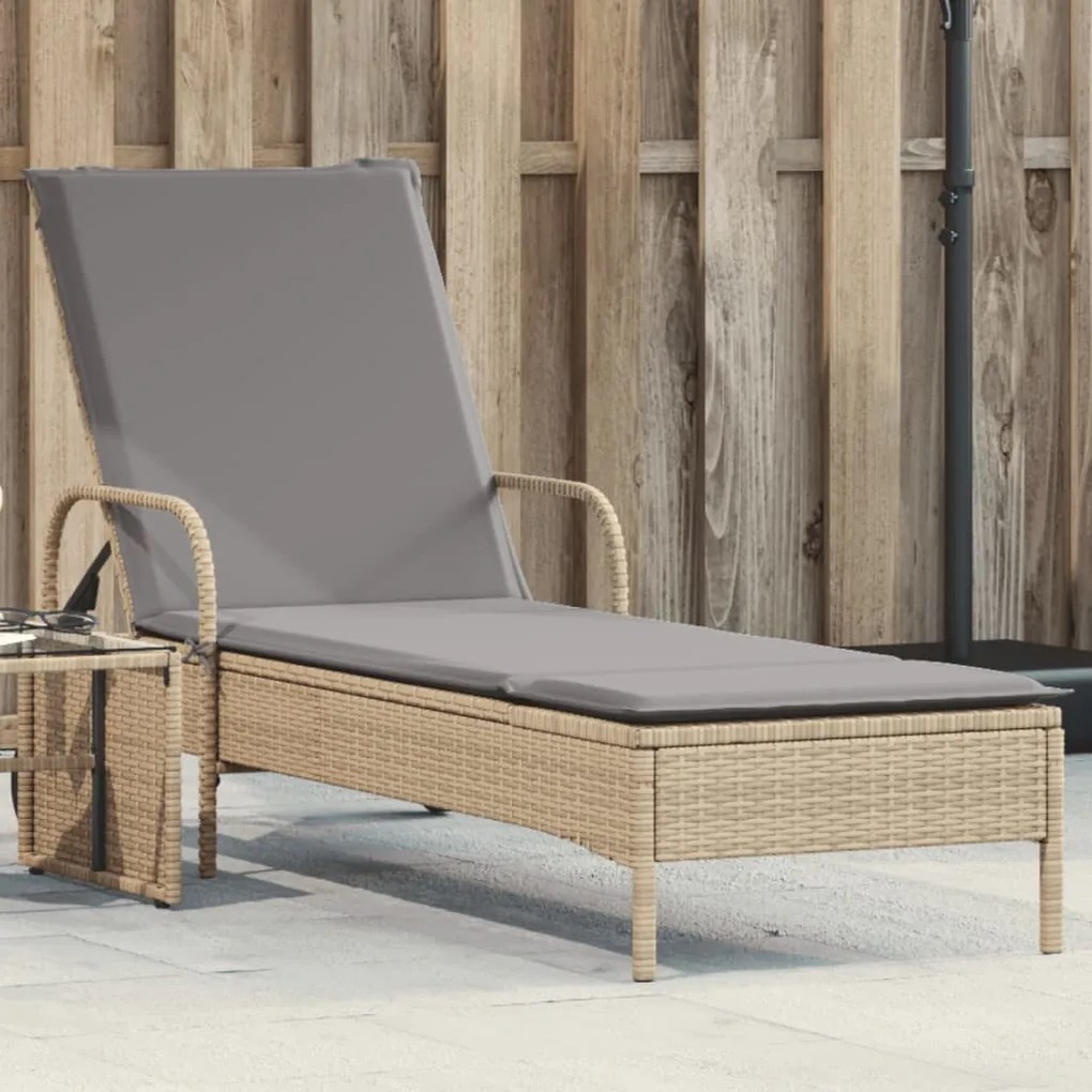 Lettino Prendisole Con Ruote E Cuscino İn Polyrattan Beige /