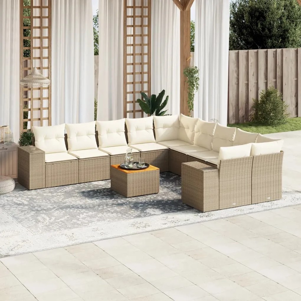 Set divani da giardino 11 pz con cuscini beige in polyrattan