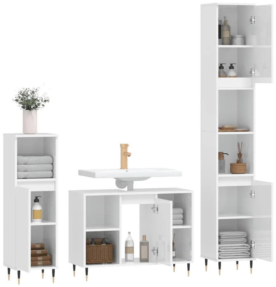 Set Mobili da Bagno 3 pz Bianco Lucido in Legno Multistrato