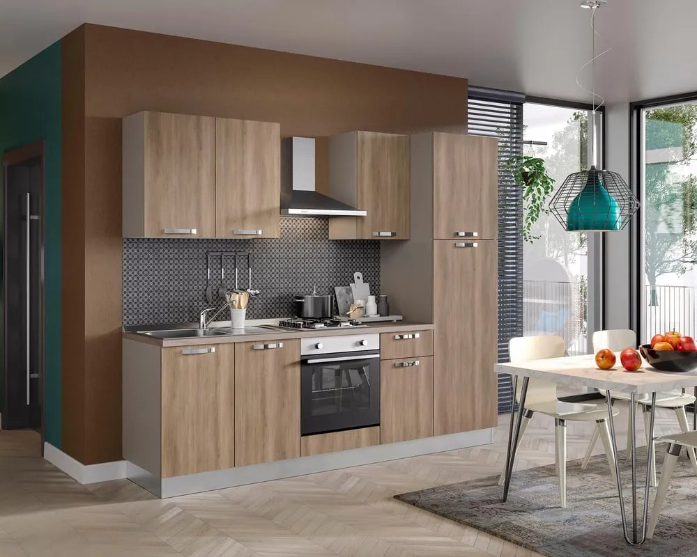 Cucina montata Dora rovere chiaro, lavello a sinistra, L 255 cm, completa di: cappa a camino, piano cottura a gas, forno e frigorifero