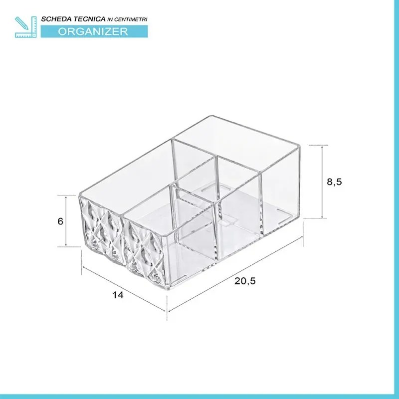 Organizer porta trucchi e cosmetici in plastica trasparente con 4 scomparti