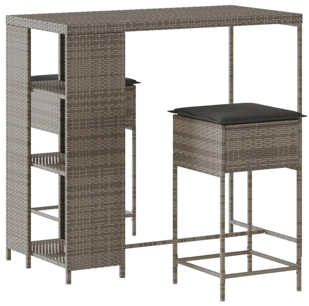 Set bar da giardino 3pz con cuscini grigio in polyrattan