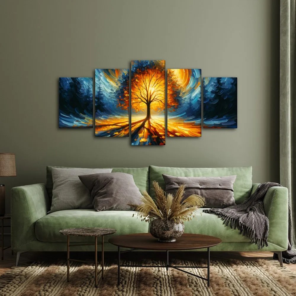 Quadri 5 pezzi – Albero della vita luminoso nei toni infuocati