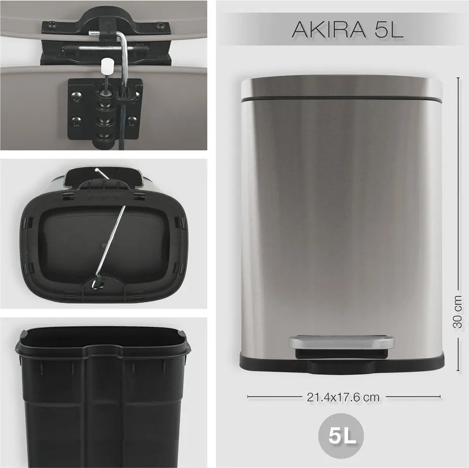 Cestino per la spazzatura color argento opaco in acciaio con pedale 5 l Akira – Spirella