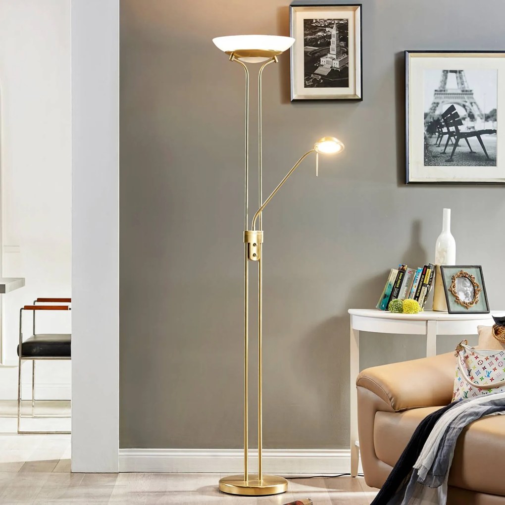 Lampada da terra con luce lettura Yveta Lindby, dimmerabile, Ottone / Oro, Soggiorno / Sala da pranzo, Metallo, Moderno, Lampada LED da terra