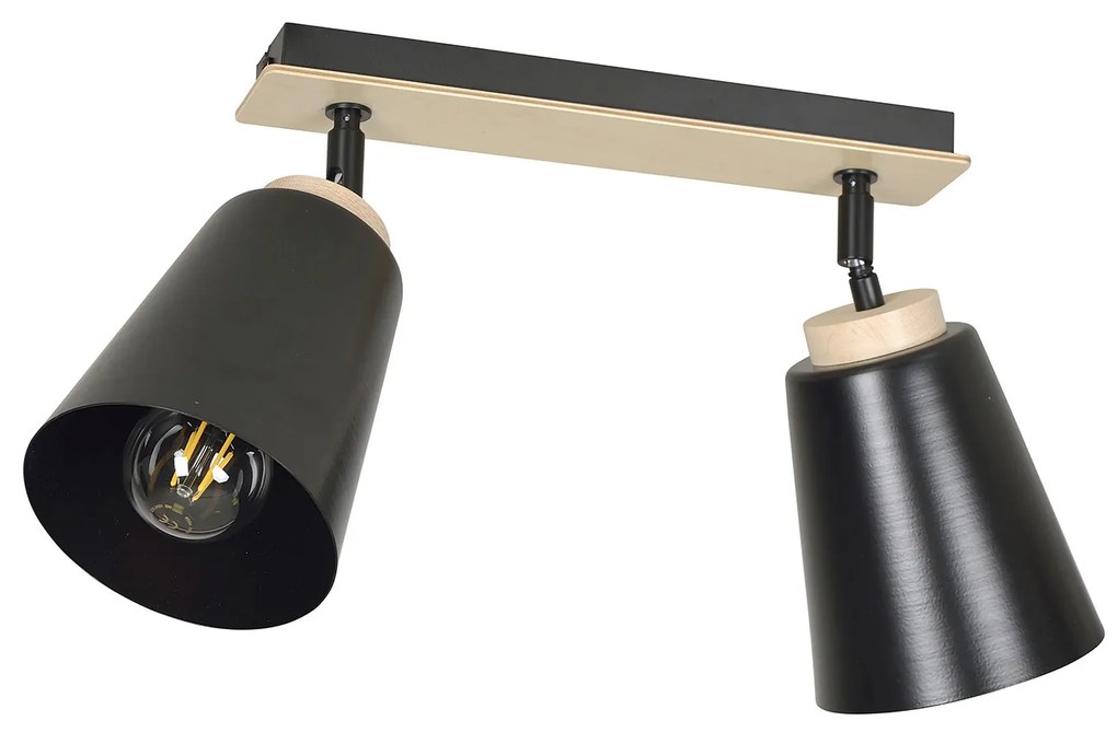 Plafoniera Faretti Spot Orientabili 2 Luci Xiwangmu Acciaio Nero E Legno Naturale