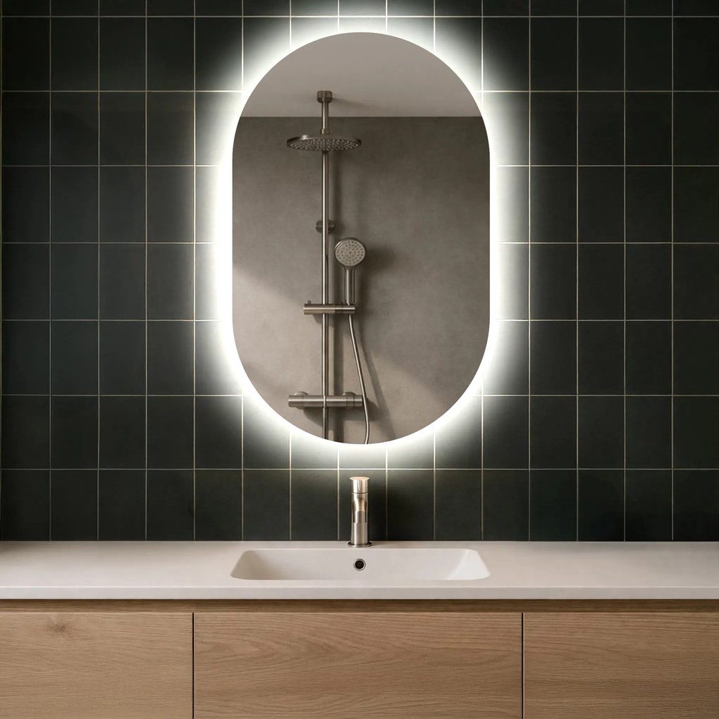 Ovale specchio moderno con luci LED 50x80cm su šaltu LED apšvietimu 7000K, šiltu apšvietimu 3000K arba neutraliu apšvietimu 4500K