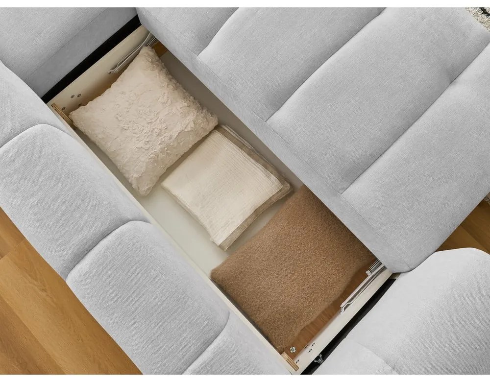 Divano angolare grigio chiaro allungabile e con contenitore (penisola a destra/chaise lounge) Fuji – Bobochic Paris