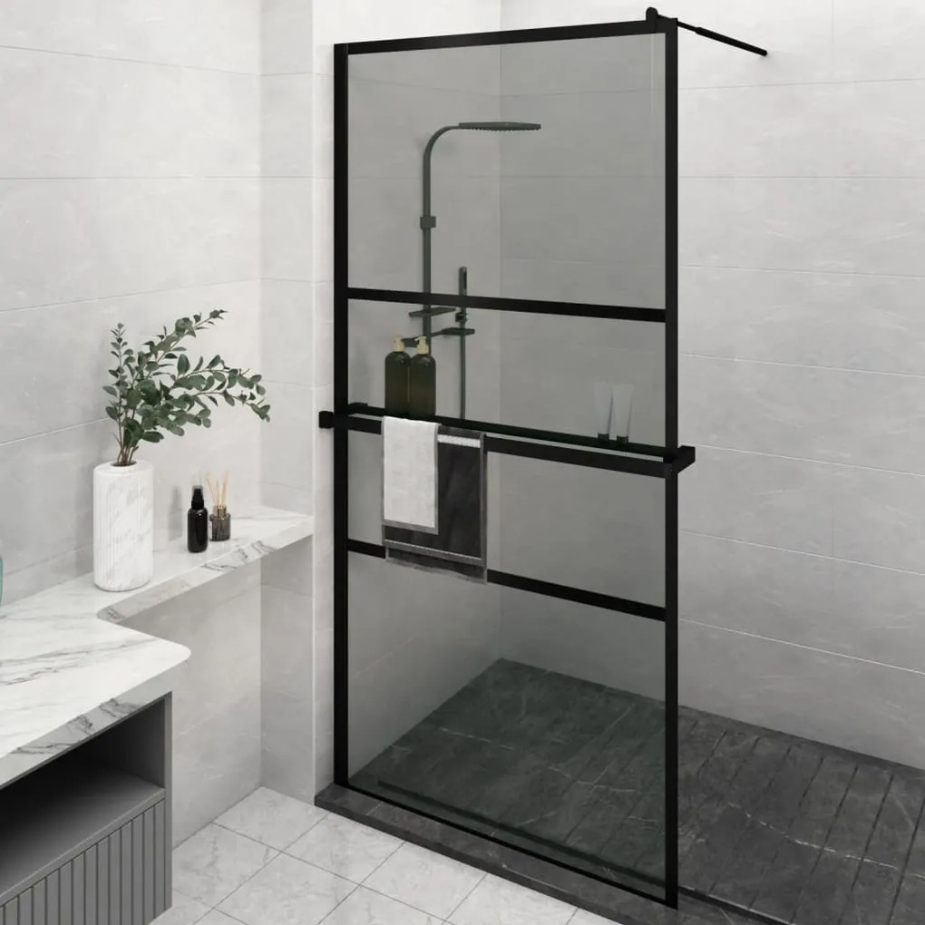 Parete Doccia Con Mensola Nera 115x195 Cm Vetro Esg E Alluminio /