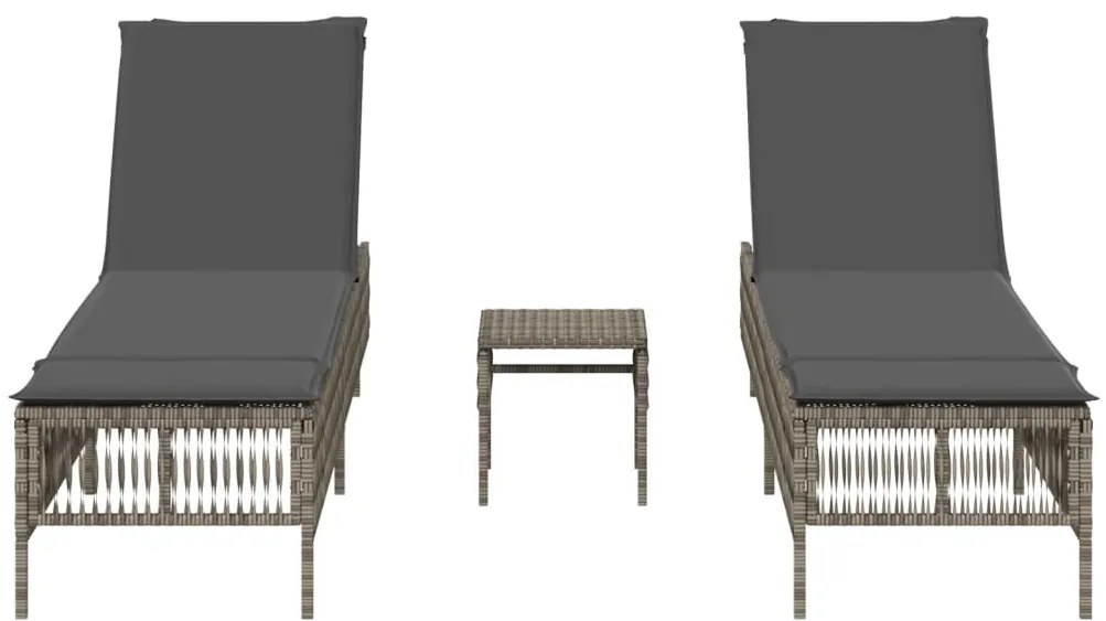 Lettini prendisole 2 pz con tavolino grigio in polyrattan