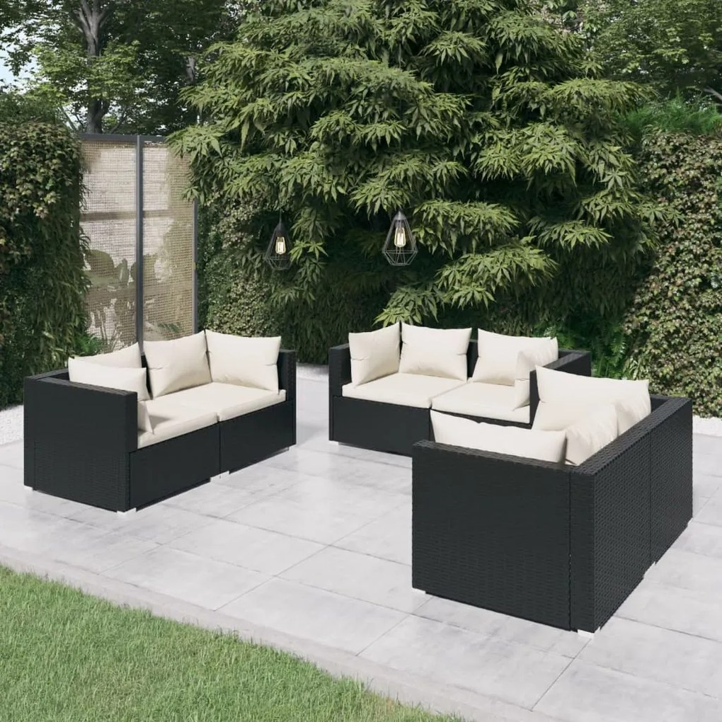 Set divani da giardino 6 pz con cuscini in polyrattan nero