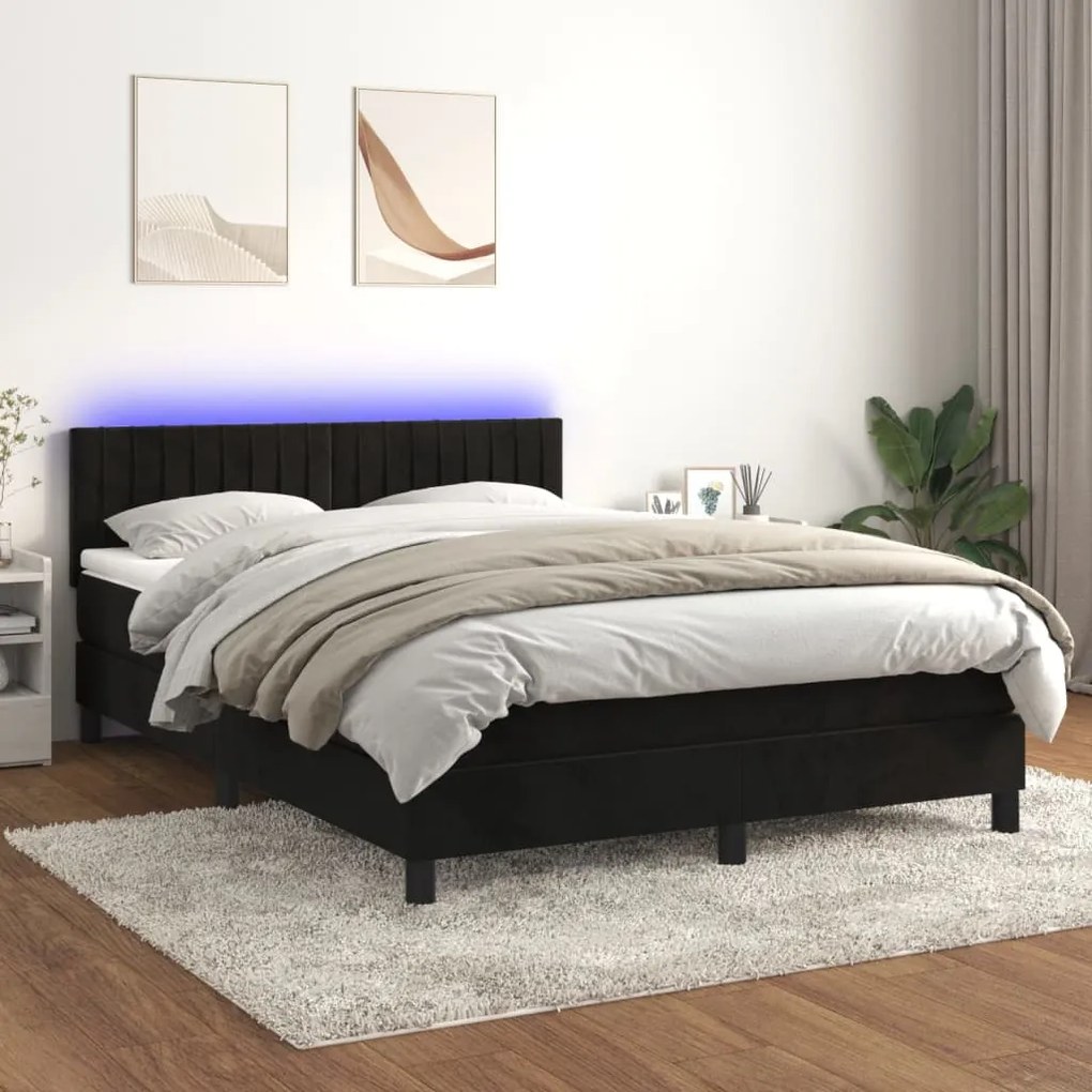 Letto A Molle Con Materasso E Led Nero 140x200 Cm İn Velluto /
