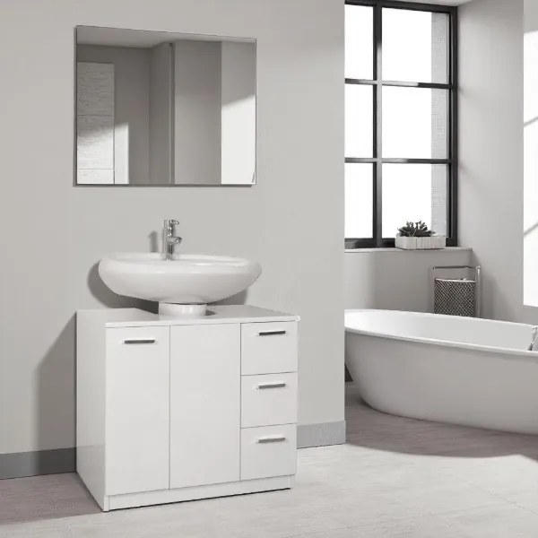 Mobile copricolonna sottolavabo con anta e 3 cassetti CLASSIC Bianco Lucido