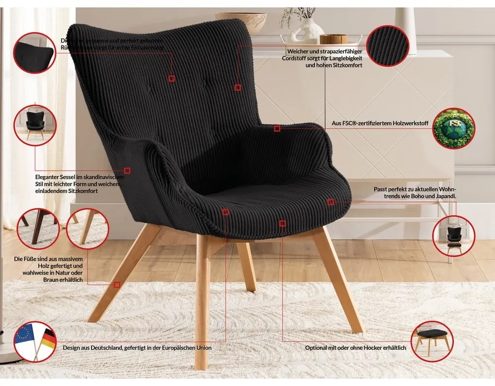 Poltrona con poggiapiedi nera con rivestimento in velluto a coste Niko – Ropez