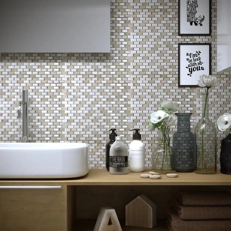 Mosaico in pietra Mini Brick Ice bianco L 2.5 x L 30 cm, 11 pezzi