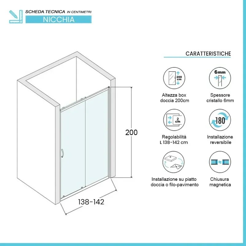 Porta doccia nicchia 140 cm scorrevole con vetro in cristallo trasparente Ted