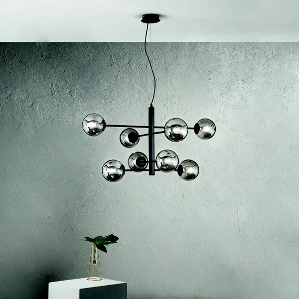 Lampada a sospensione ELISEO 97 cm a 8 Luci in metallo Nero e vetro soffiato Fumč