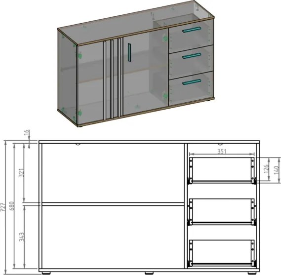 Credenza 120 Cm 2 Ante 3 Cassetti Listelli Rovere Toll Bianco Opaco