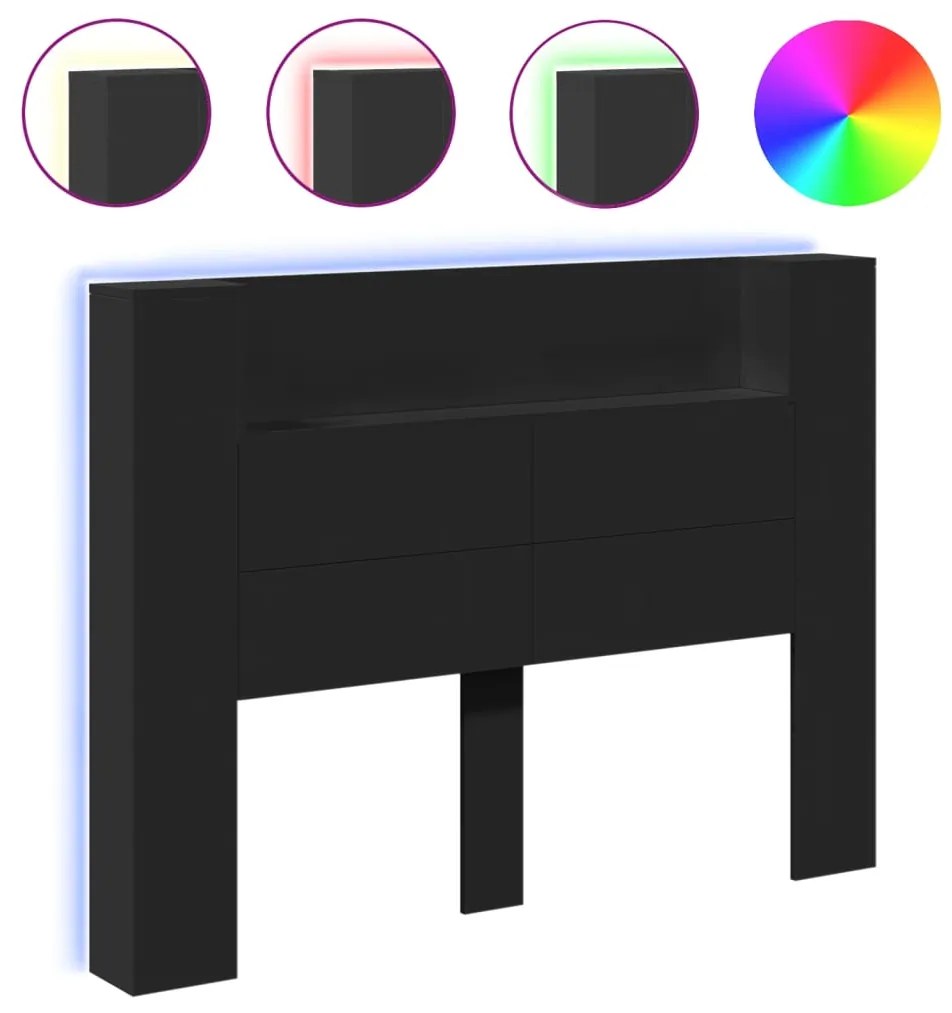 Testiera con contenitore a led nera 140x16,5x103,5 cm