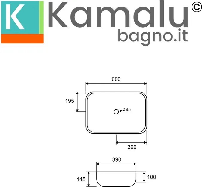 Lavabo da appoggio rettangolare colore bianco opaco 60cm | MIL-LB - KAMALU