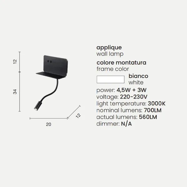 Applique STAN 20 cm in metallo con retroilluminazione LED e caricatore Usb Bianco