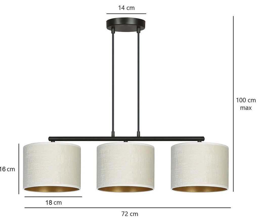 Lampadario 3 Luci Ganesha In Acciaio Nero E Paralumi In Tessuto Beige