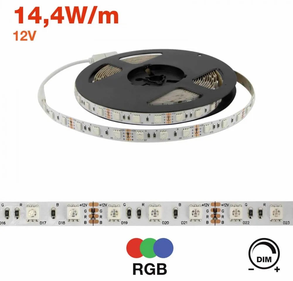 Striscia LED Professional 5050/60 - RGB - IP20 - 14,4W/m - 5m - 12V Colore RGB