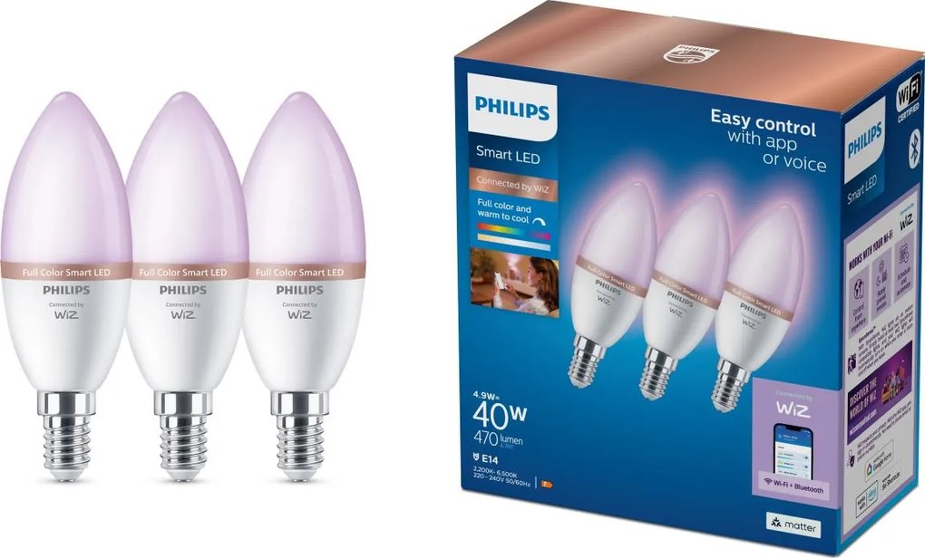 Set da 3 lampadine LED RGB dimmerabili Philips SMART C37 E14/4,9W/230V 2200-6500K