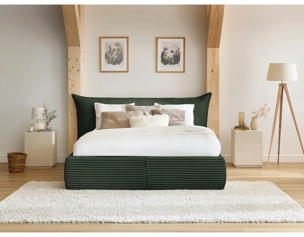 Letto matrimoniale in verde scuro imbottito con spazio contenitivo con griglia inclusa 160x200 cm Jade – Bobochic Paris