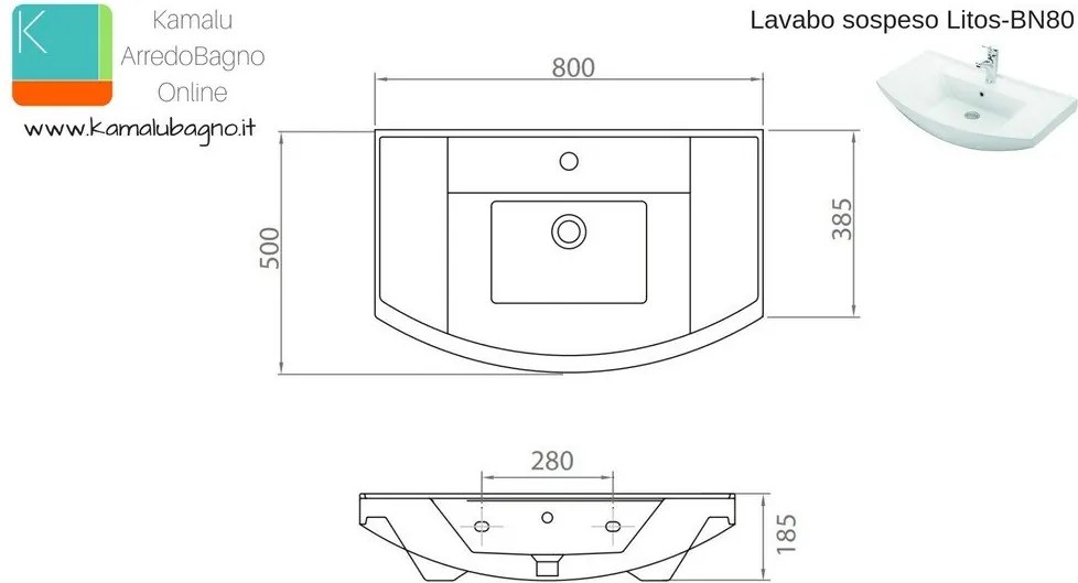 Lavabo bagno sospeso 80 cm in ceramica Litos-BN80 - KAMALU