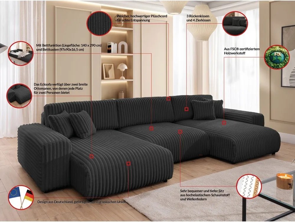 Divano angolare grigio scuro allungabile/con contenitore (a U) rivestito in velluto a coste Sarina – Ropez