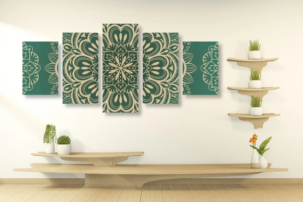 Quadri 5 pezzi – Mandala su sfondo turchese