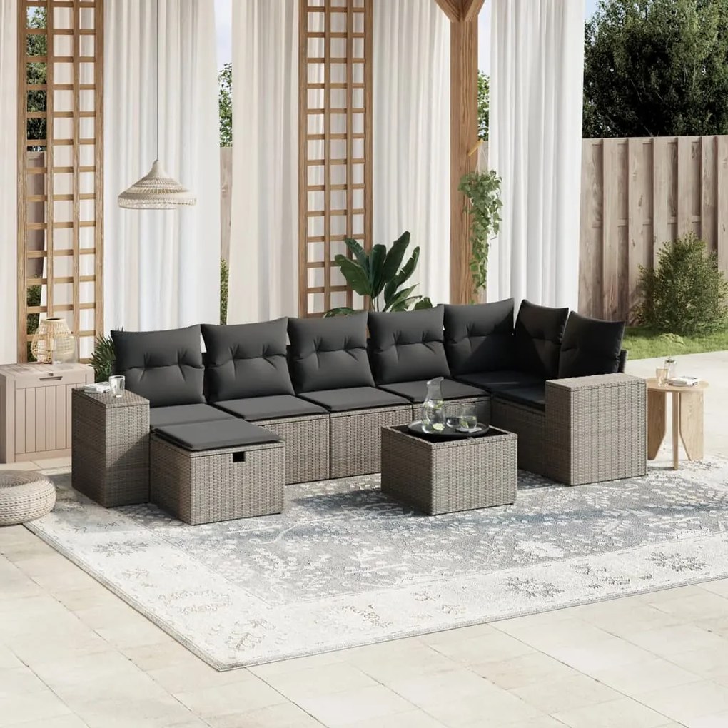 Set divano da giardino 8pz con cuscini grigio chiaro polyrattan