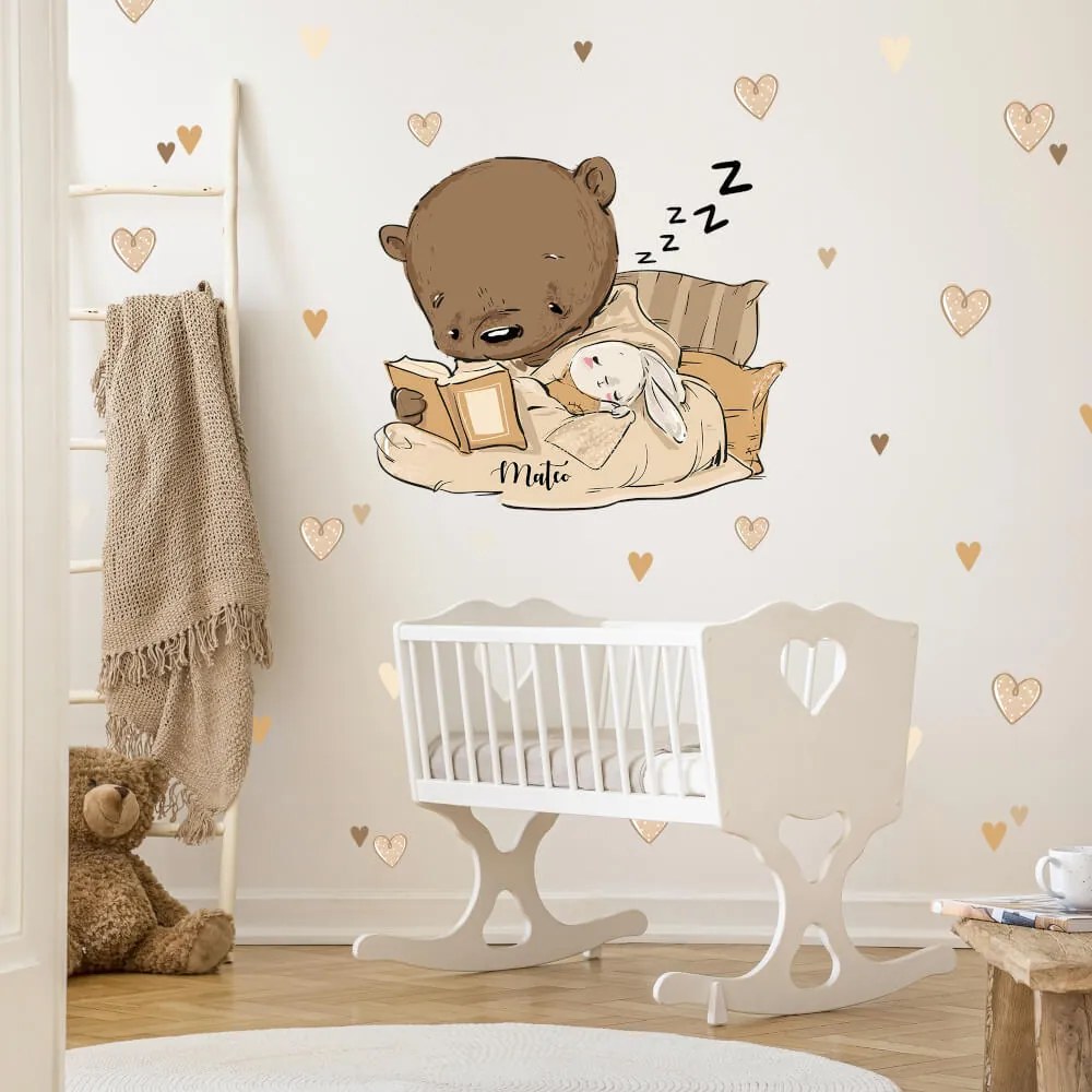 Adesivo murale - Orsetto bohémien con coniglietto addormentato e cuori | Inspio