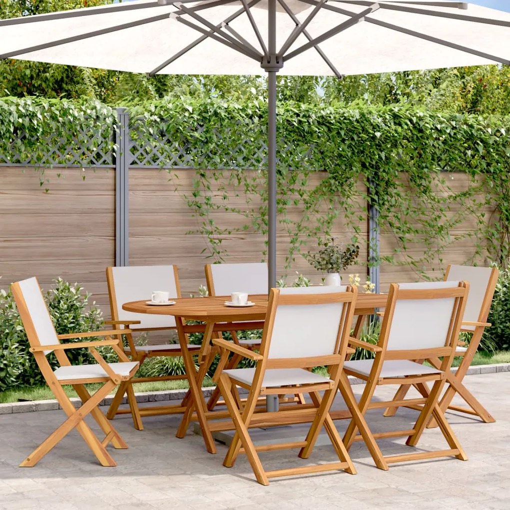 Set Pranzo Da Giardino 7 Pz Crema İn Tessuto E Legno Massello /